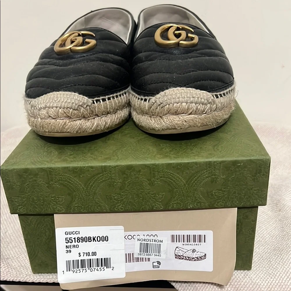 Gucci Black Quilted Espadrilles with Gold Double G Accent